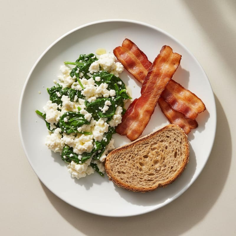 Egg White Spinach Scramble with Cottage Cheese and Turkey Bacon