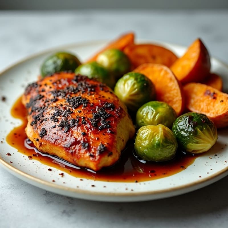 Crispy Balsamic Glazed Chicken with Roasted Brussels Sprouts and Sweet Potato