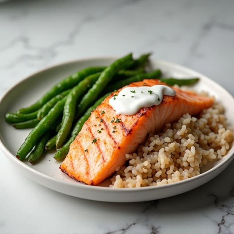 Seared Salmon Fillet with Steamed Green Beans and Brown Rice