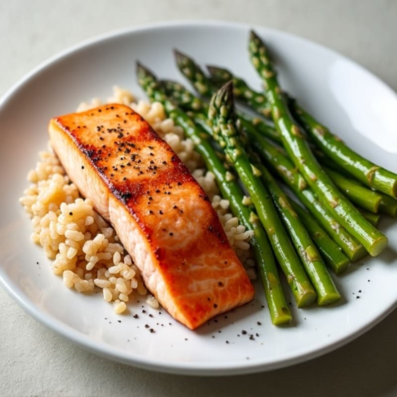 Seared Salmon with Roasted Asparagus and Brown Rice