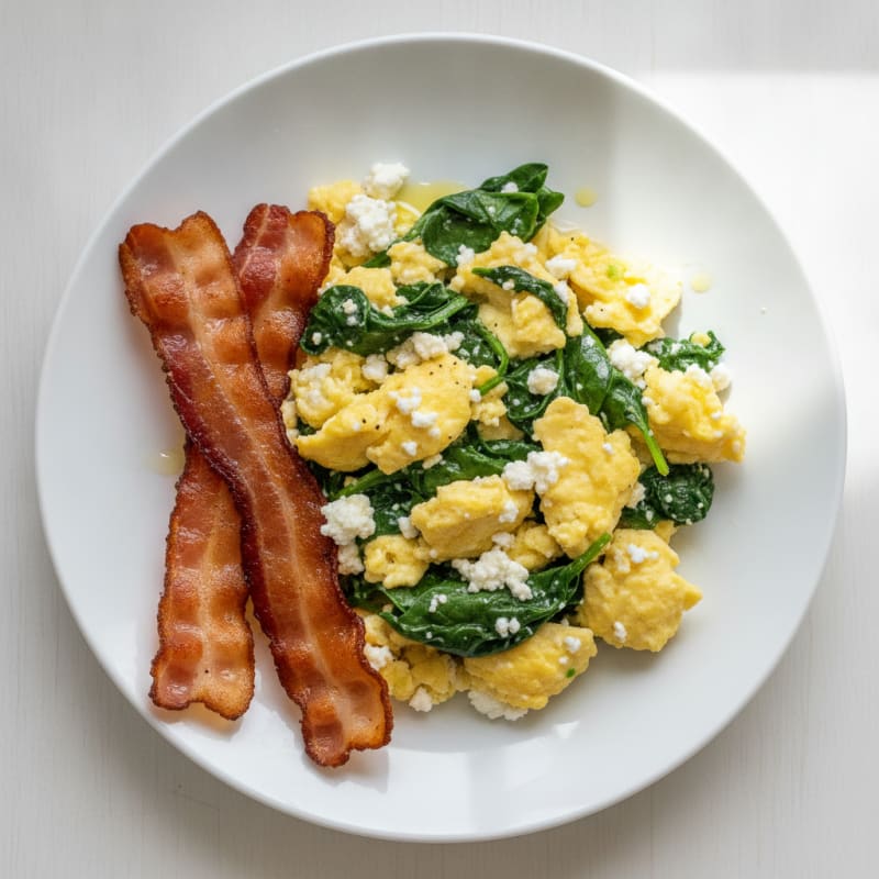 Cottage Cheese Egg Scramble with Spinach and Turkey Bacon