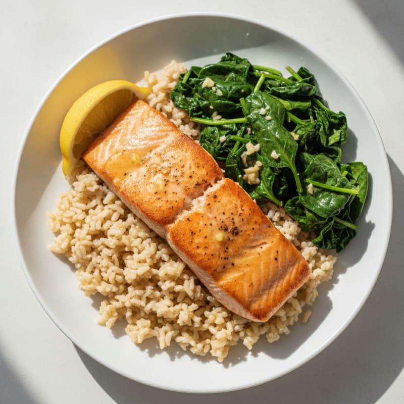 Seared Salmon with Garlic Spinach and Brown Rice