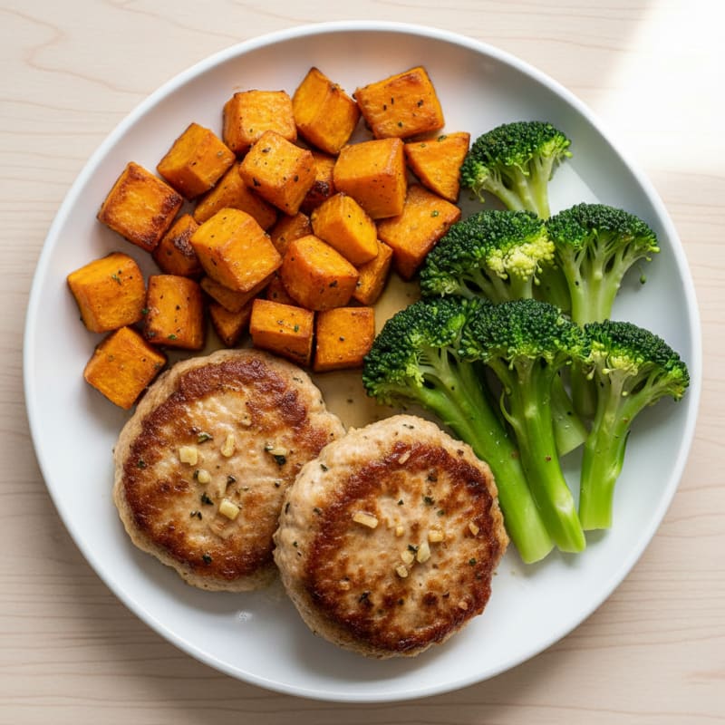 Seared Turkey Patties with Roasted Sweet Potato and Steamed Broccoli