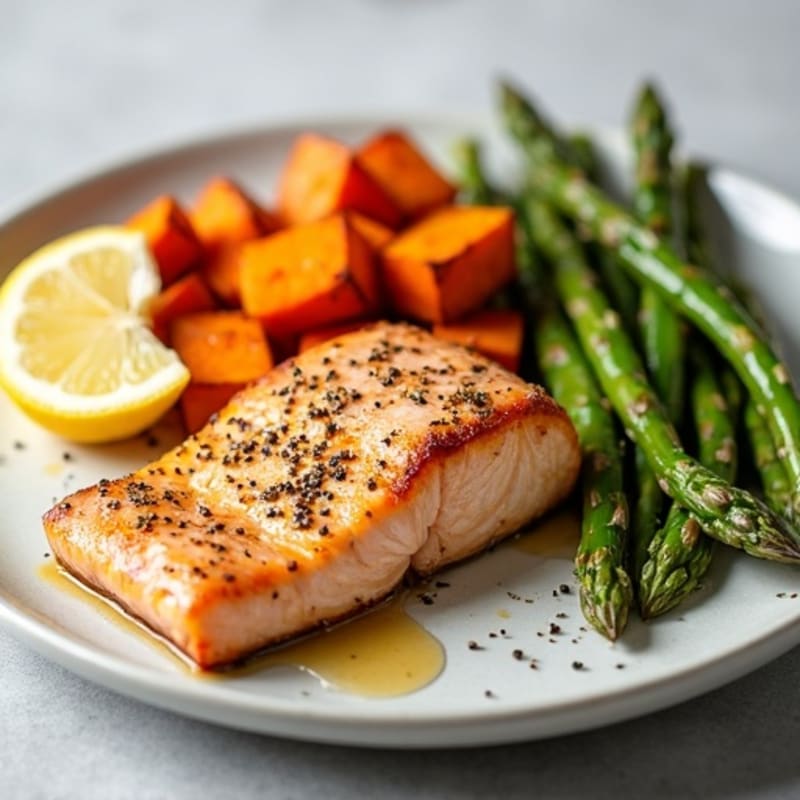 Seared Salmon Fillet with Roasted Sweet Potatoes and Asparagus