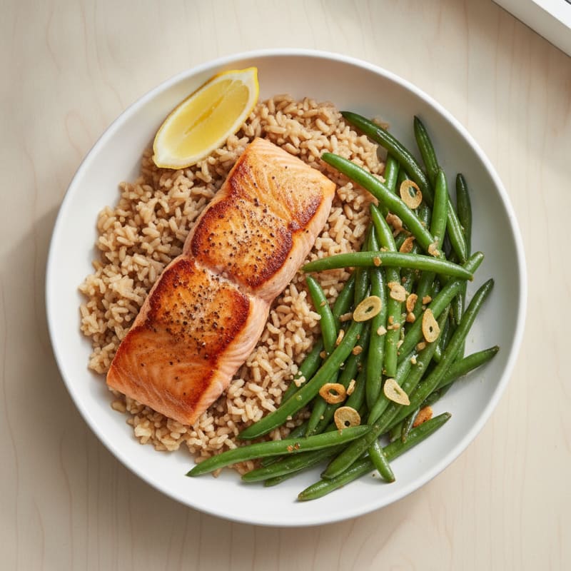 Seared Salmon Fillet with Garlic Green Beans and Brown Rice