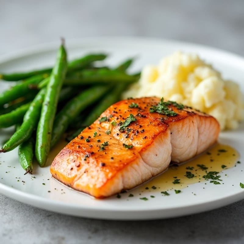 Seared Salmon with Garlic Green Beans and Cauliflower Mash