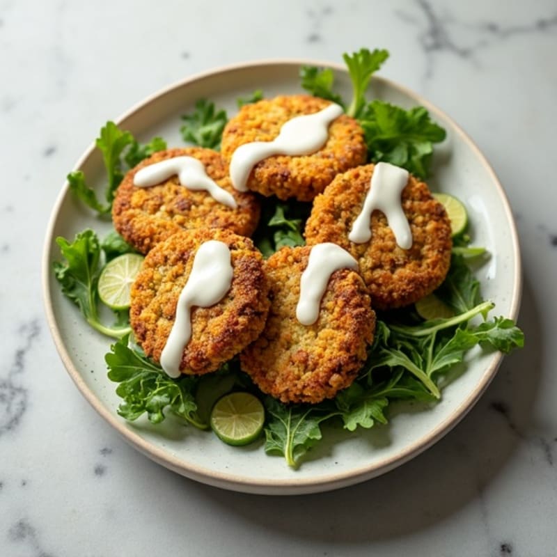Crispy Baked Falafel with Fresh Greens and Creamy Tahini-Greek Yogurt Dressing
