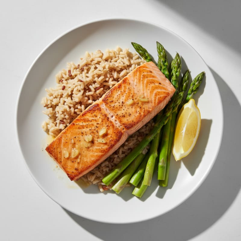 Seared Salmon Fillet with Steamed Asparagus and Brown Rice
