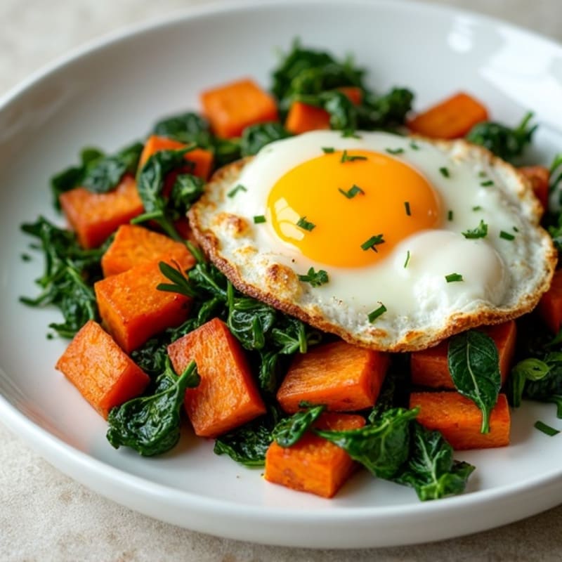 Roasted Sweet Potato and Egg Hash with Spinach