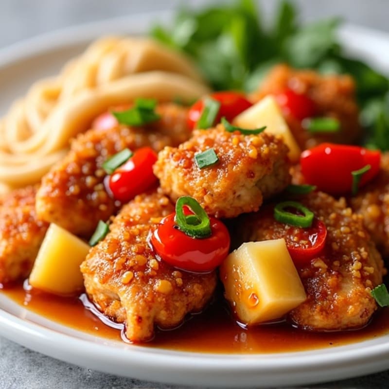 Crispy Baked Sweet and Sour Chicken with Roasted Bell Peppers and Pineapple