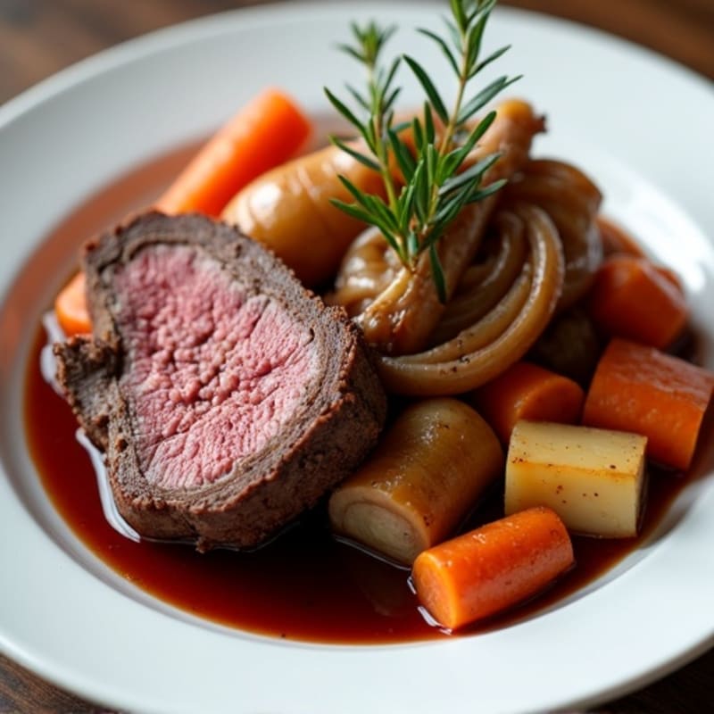 Tender Slow-Cooked Beef with Red Wine Braised Root Vegetables