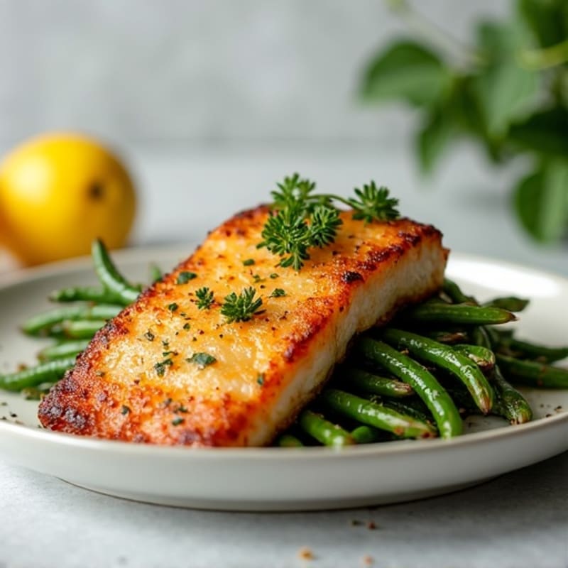 Crispy Pan-Seared Pork Belly with Blistered Green Beans and Fresh Lemon