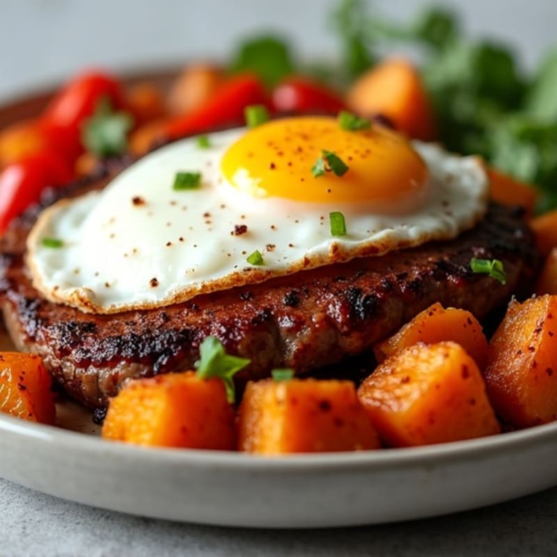 Crispy Steak and Egg Hash with Roasted Sweet Potatoes