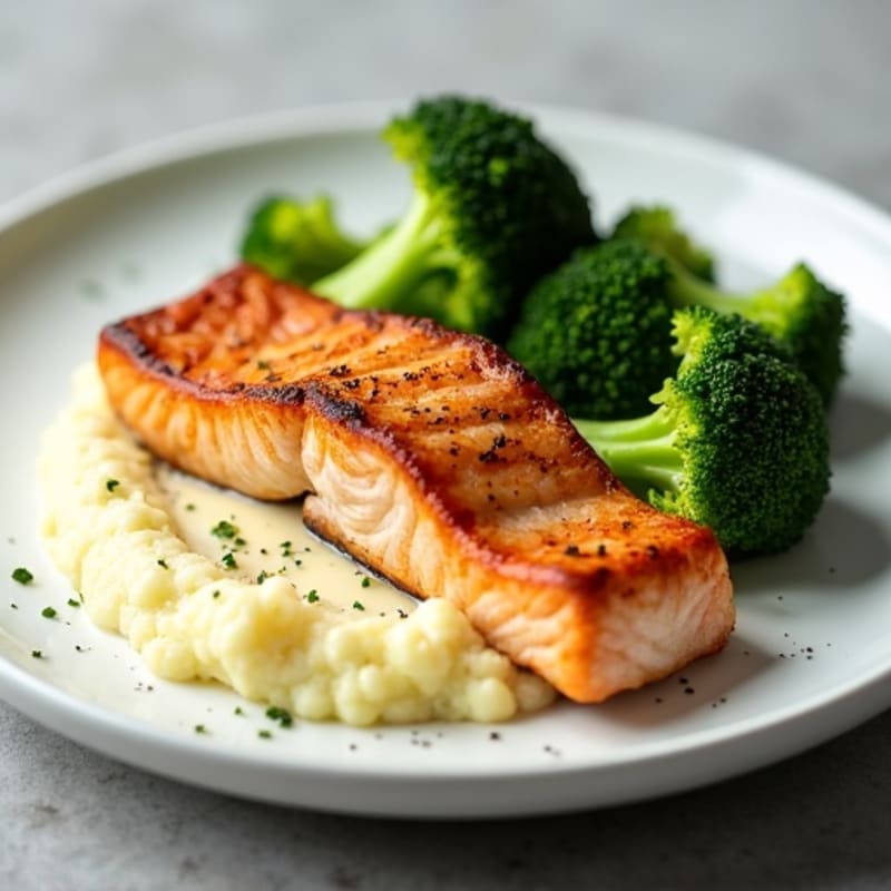 Seared Salmon with Roasted Broccoli and Cauliflower Mash