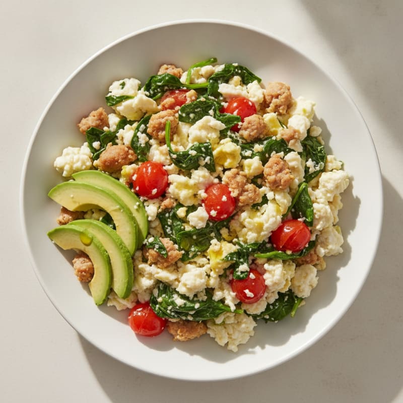 Egg White and Turkey Sausage Scramble with Spinach and Tomatoes
