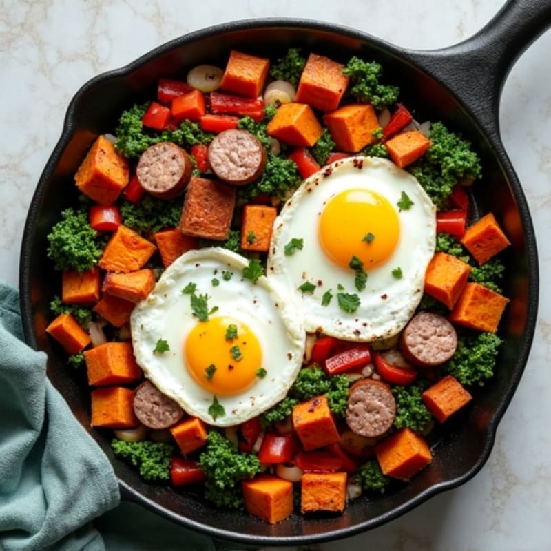 Sheet Pan Roasted Sweet Potato and Kale Hash with Sunny-Side Up Eggs