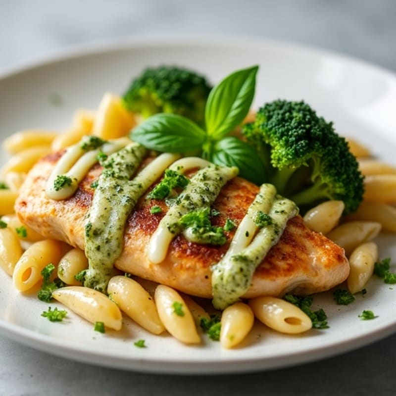 Fresh Pesto Chicken Pasta with Roasted Broccoli