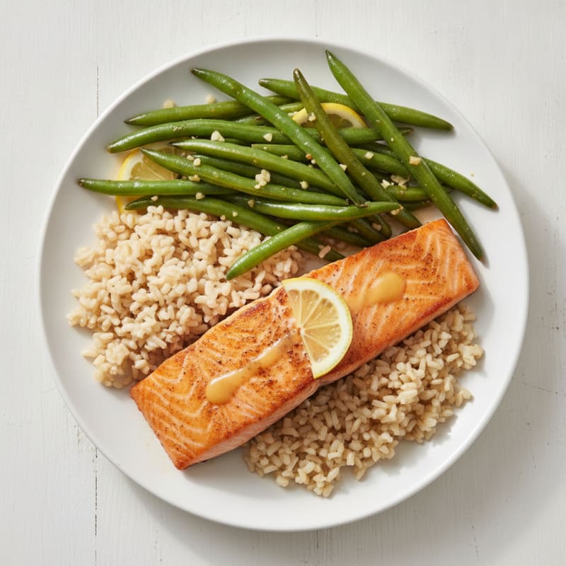 Seared Salmon with Garlic Green Beans and Brown Rice