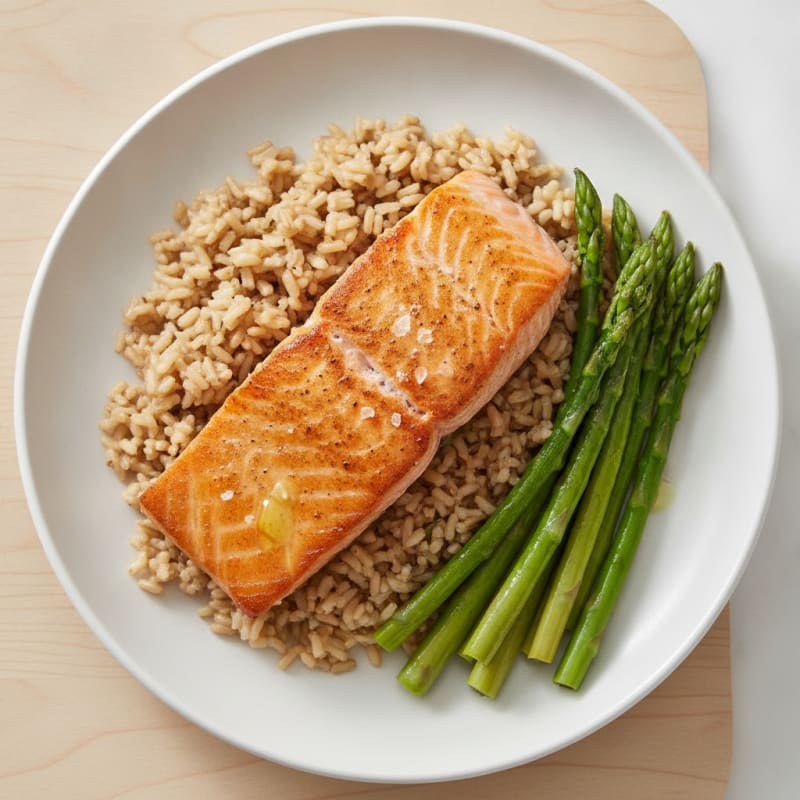 Seared Salmon with Steamed Asparagus and Brown Rice