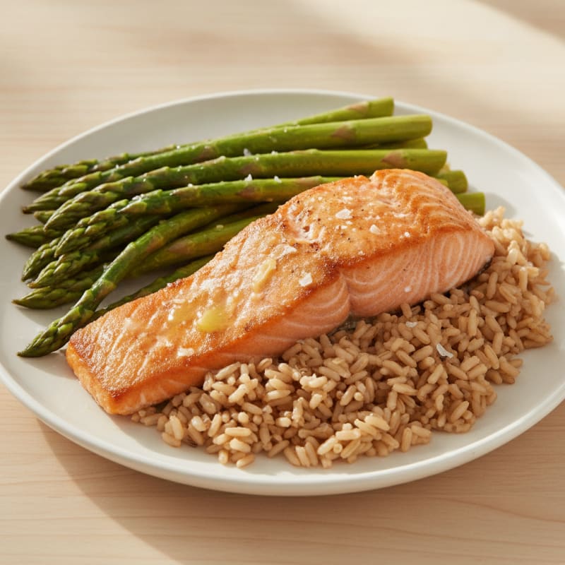 Seared Salmon with Steamed Asparagus and Brown Rice