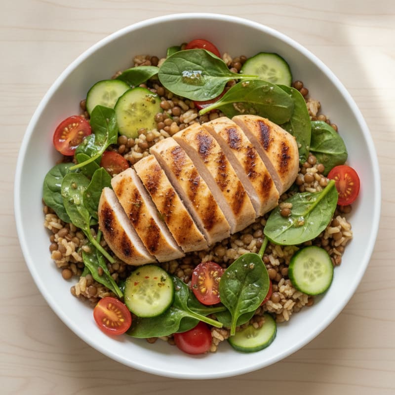 Lentil and Brown Rice Bowl with Grilled Chicken