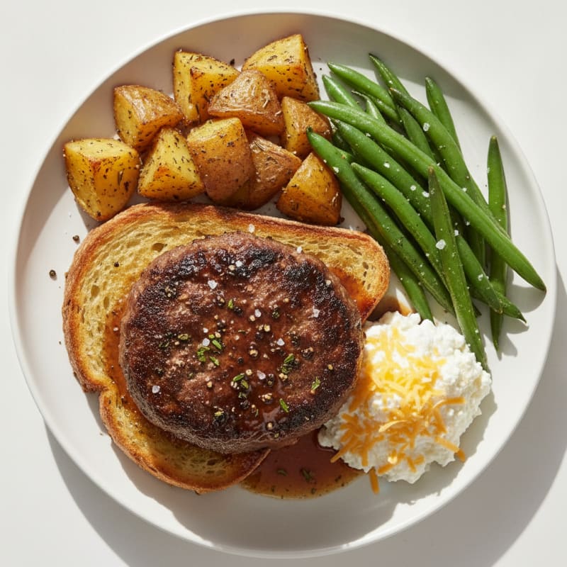 Savory Hamburger Steak with Roasted Potatoes and Green Beans
