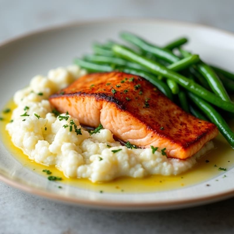 Seared Salmon with Garlic Green Beans and Cauliflower Mash