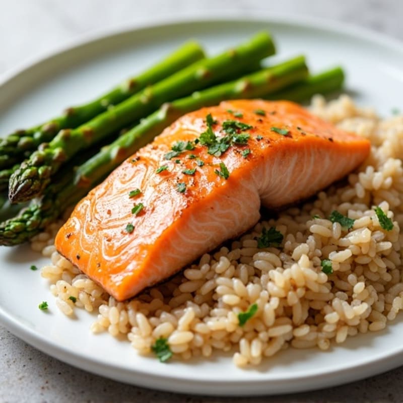 Seared Salmon with Steamed Asparagus and Brown Rice