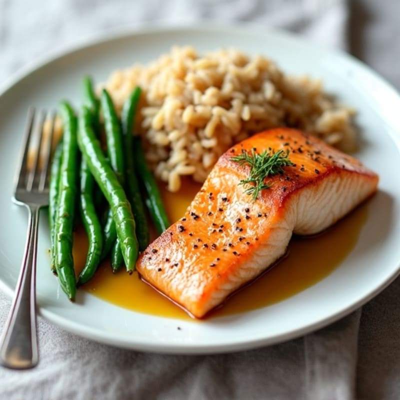 Seared Salmon Fillet with Steamed Green Beans and Brown Rice
