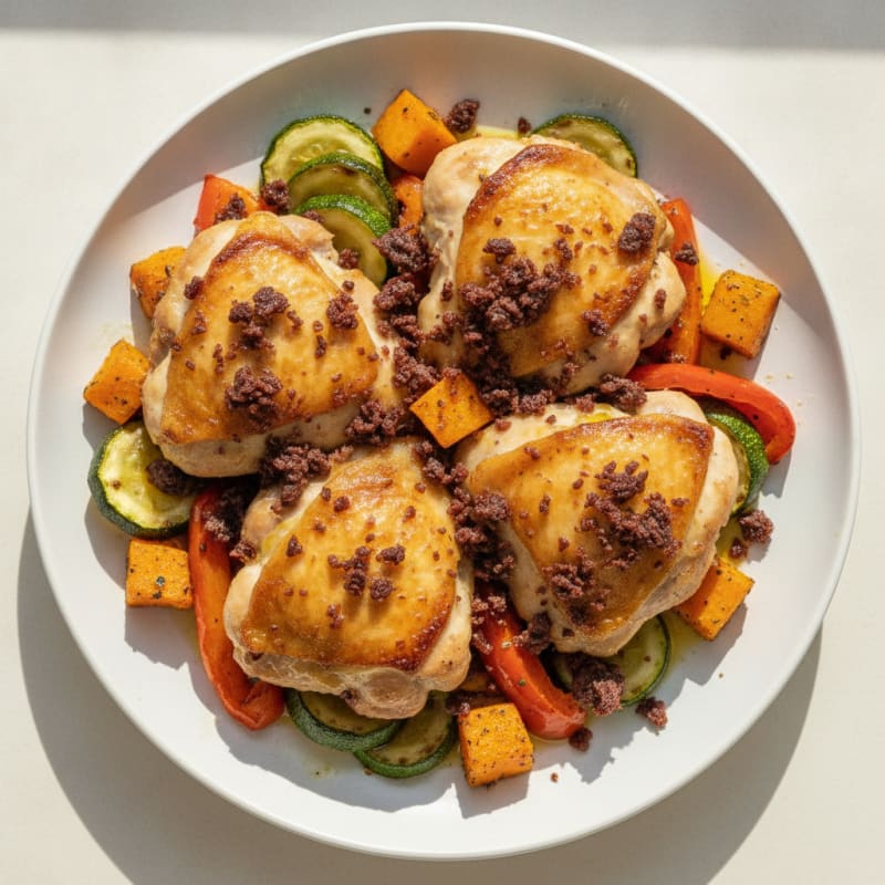 Oven-Baked Chicken Thighs with Roasted Vegetables and Biltong Crumble