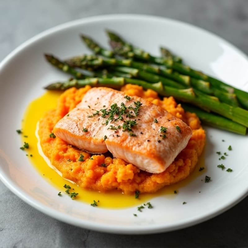 Baked Salmon with Asparagus and Sweet Potato Mash