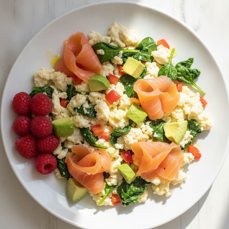 Egg White Veggie Scramble with Sautéed Spinach and Smoked Salmon