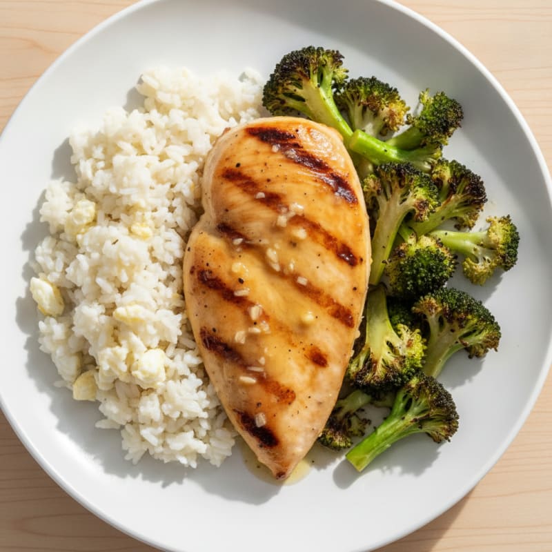 Grilled Chicken Breast with Roasted Broccoli and Rice