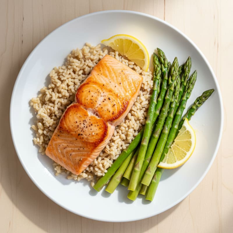 Seared Salmon with Steamed Asparagus and Brown Rice