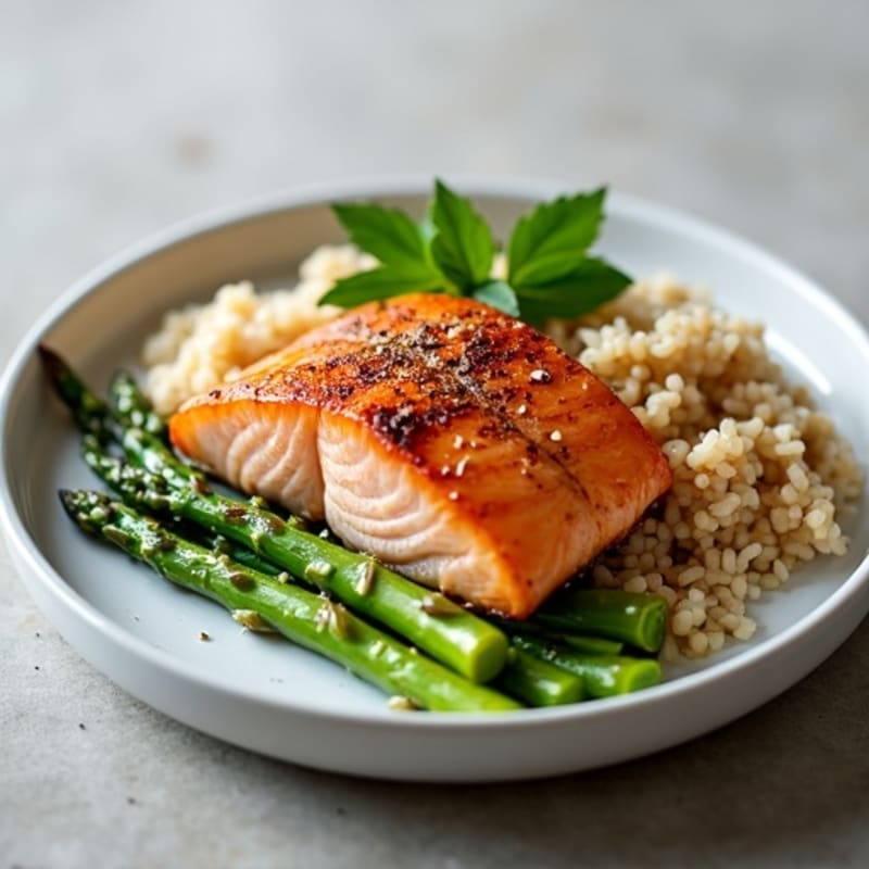 Seared Salmon with Steamed Asparagus and Brown Rice