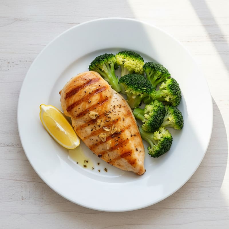 Grilled Chicken Breast with Steamed Broccoli and Lemon