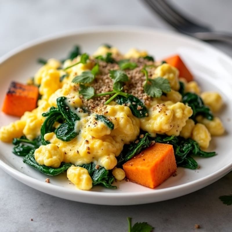 Creamy Scrambled Eggs with Sautéed Spinach and Roasted Sweet Potato