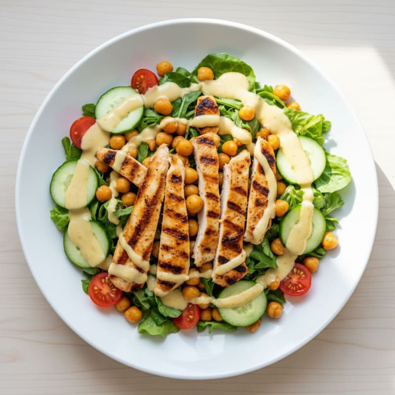 Grilled Chicken Breast Salad with Chickpeas and Lemon-Tahini Dressing