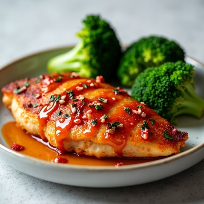 Crispy Baked Chicken with Sticky Sweet and Spicy Sauce and Steamed Broccoli