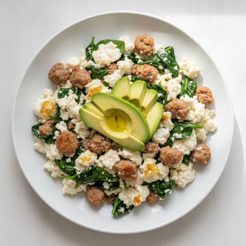 Egg White and Turkey Sausage Scramble with Sautéed Spinach