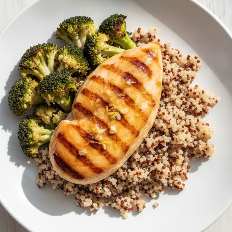 Grilled Lemon-Garlic Chicken Breast with Quinoa and Roasted Broccoli
