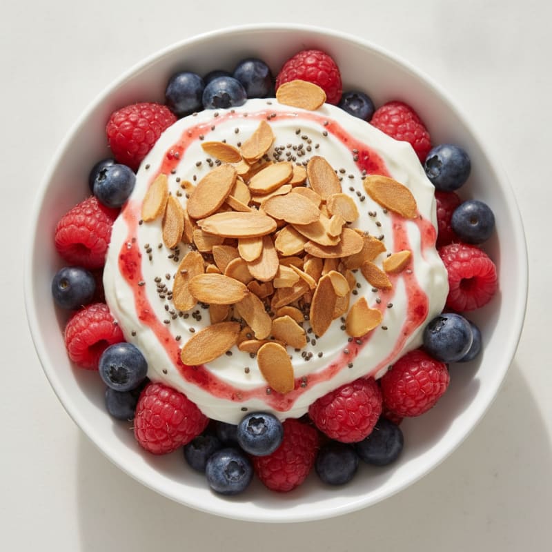 Greek Yogurt Protein Parfait with Almonds and Mixed Berries