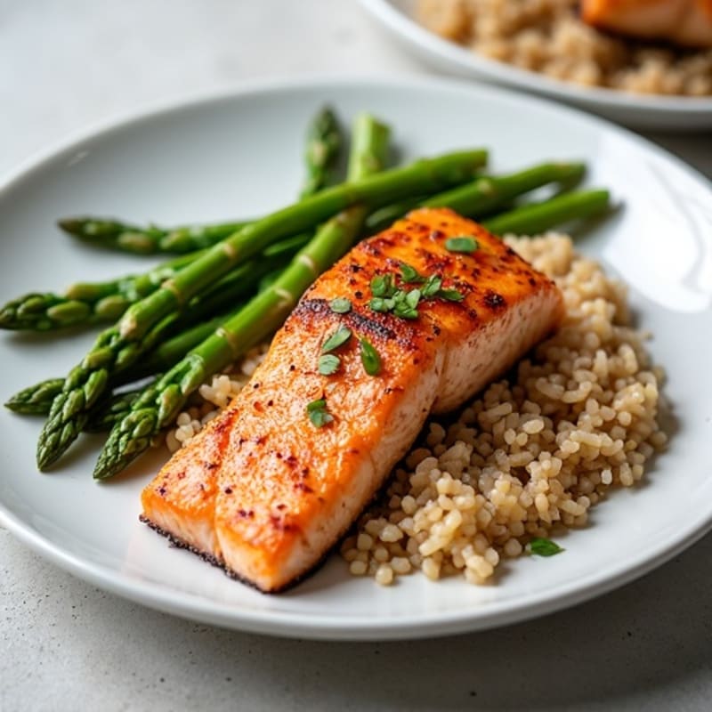 Seared Salmon with Steamed Asparagus and Brown Rice