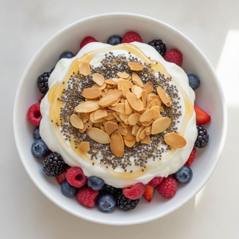 Greek Yogurt Protein Parfait with Mixed Berries and Chia Seeds