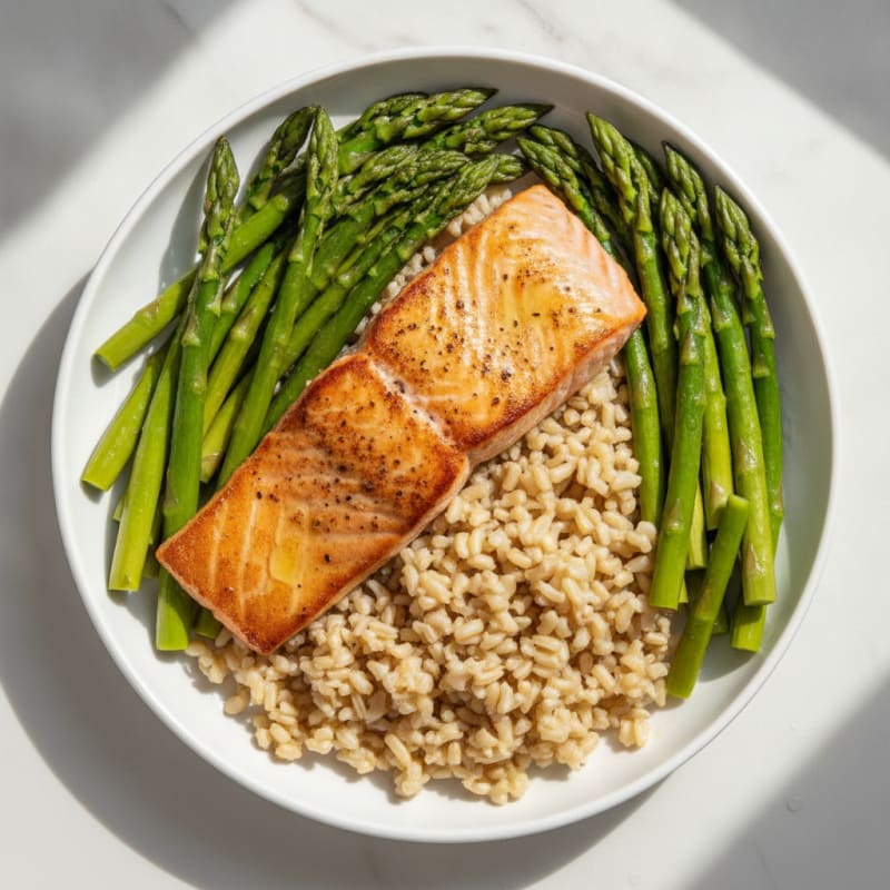 Seared Salmon with Steamed Asparagus and Brown Rice