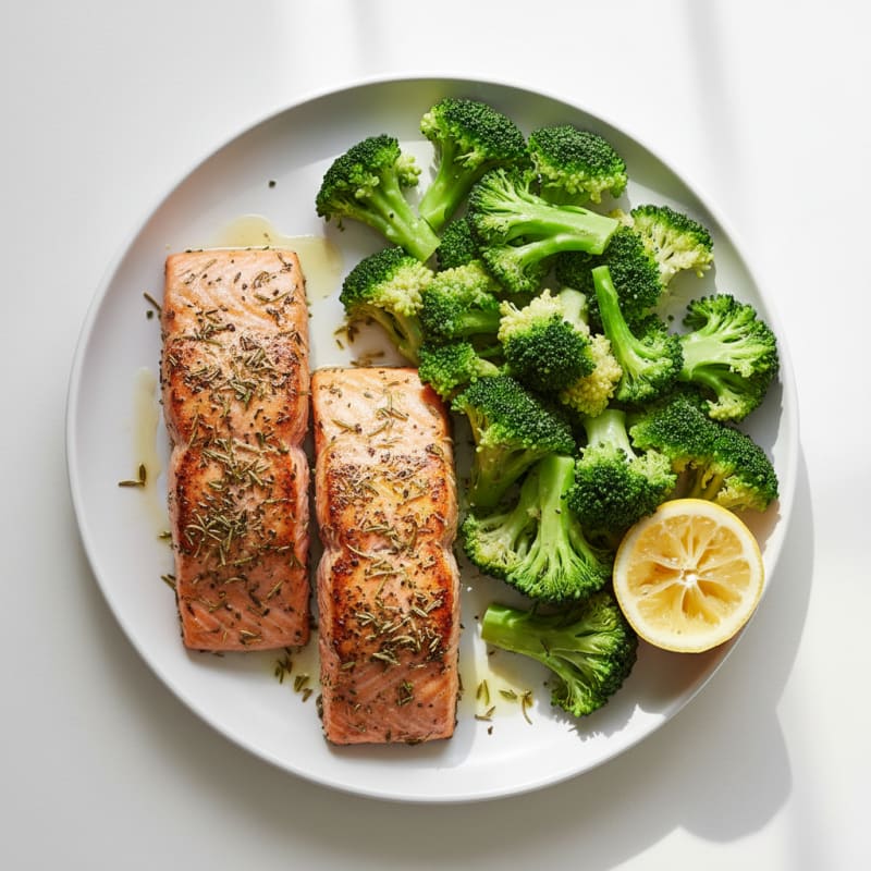 Grilled Herb-Rubbed Salmon with Steamed Broccoli