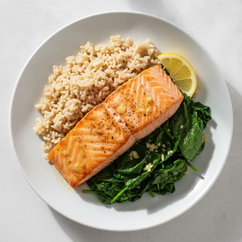 Seared Salmon Fillet with Garlic Spinach and Brown Rice