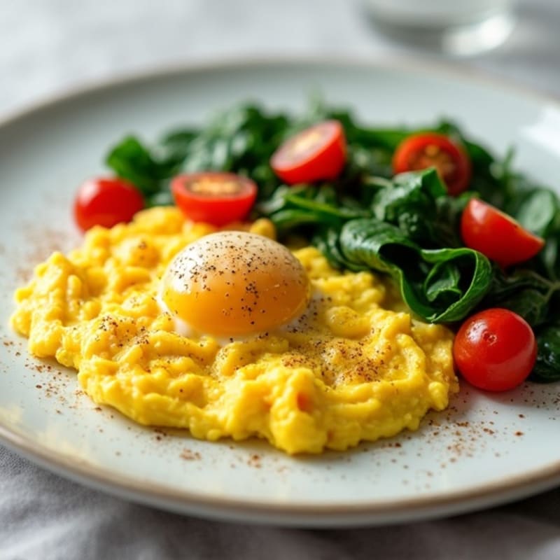 Fluffy Scrambled Eggs with Sautéed Spinach and Cherry Tomatoes