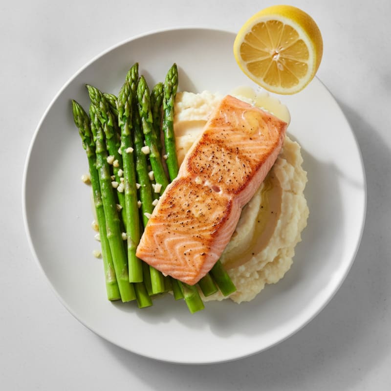 Seared Salmon Filet with Steamed Asparagus and Cauliflower Mash