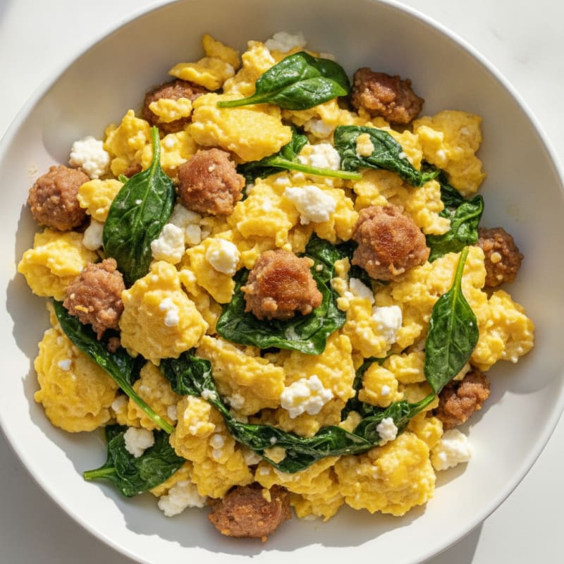 Cottage Cheese Scramble with Turkey Sausage and Spinach
